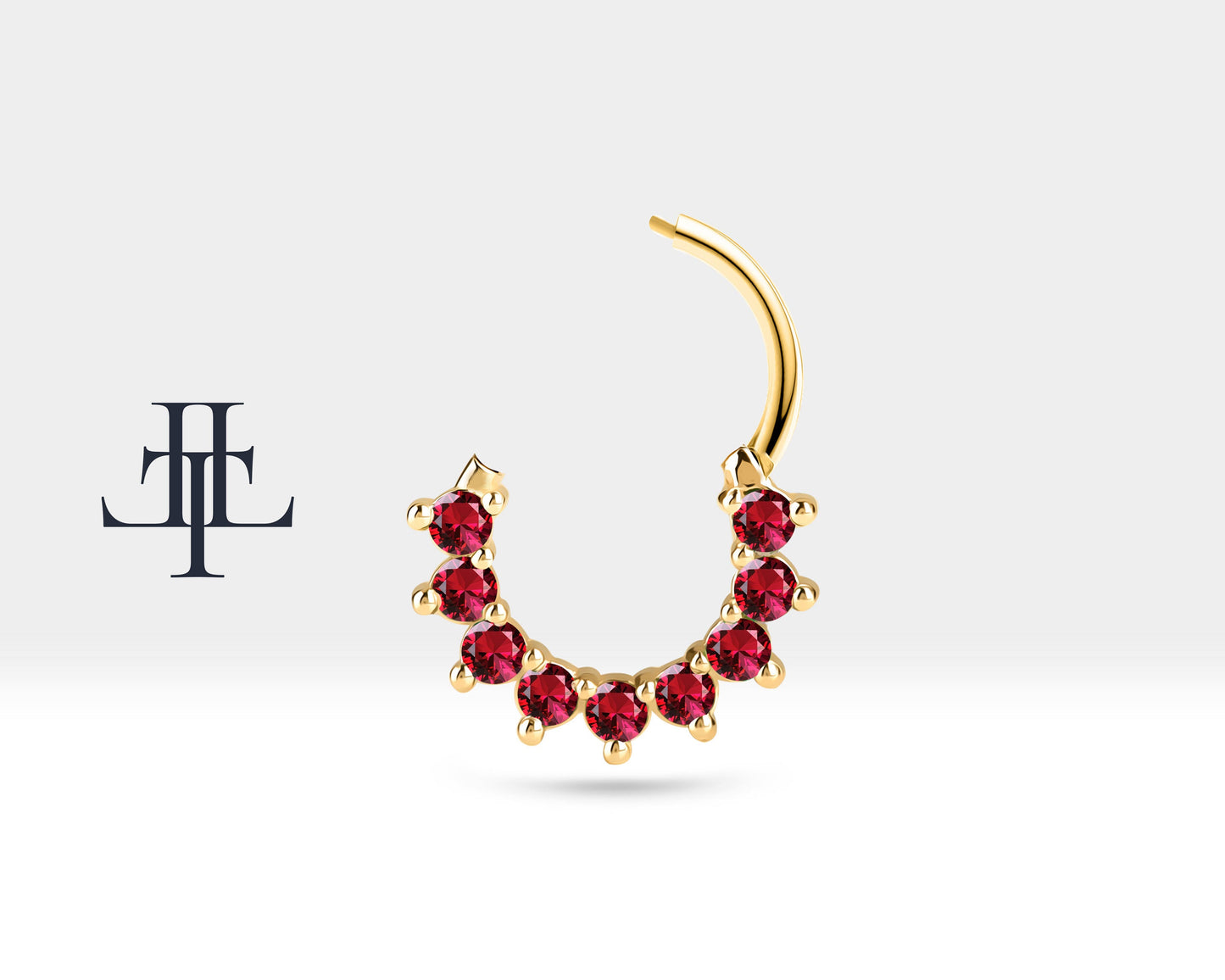 Dokuz Yakutlu Halka Piercing, 13 MM , 1.2 MM, 14K Sarı-Beyaz-Kırmızı Altın | LC00006R