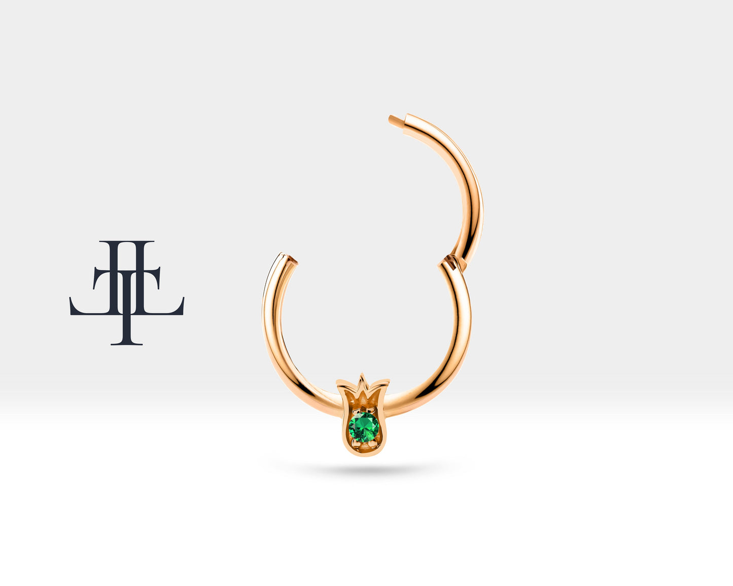 Lale Yeşil Garnetlı Halka Piercing, 12 MM , 1.2 MM, 14K Sarı-Beyaz-Kırmızı Altın | LC00038G