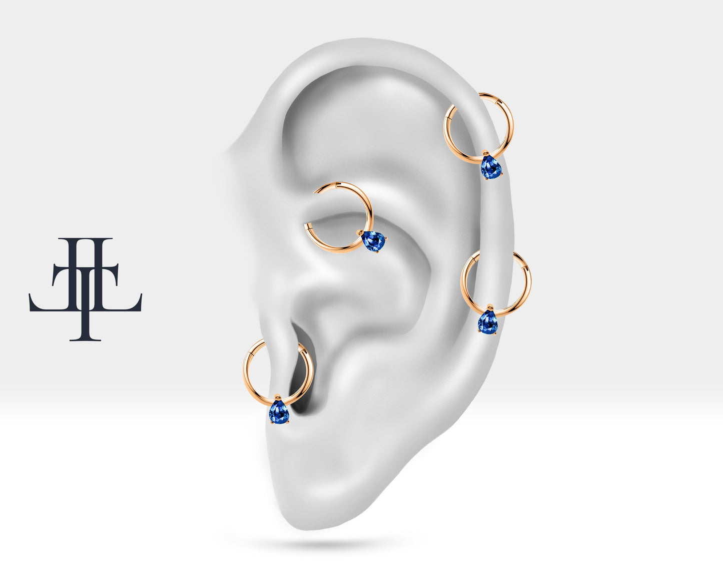 Damla Safirli Halka Piercing, 12 MM , 1.2 MM, 14K Sarı-Beyaz-Kırmızı Altın | LC00011S