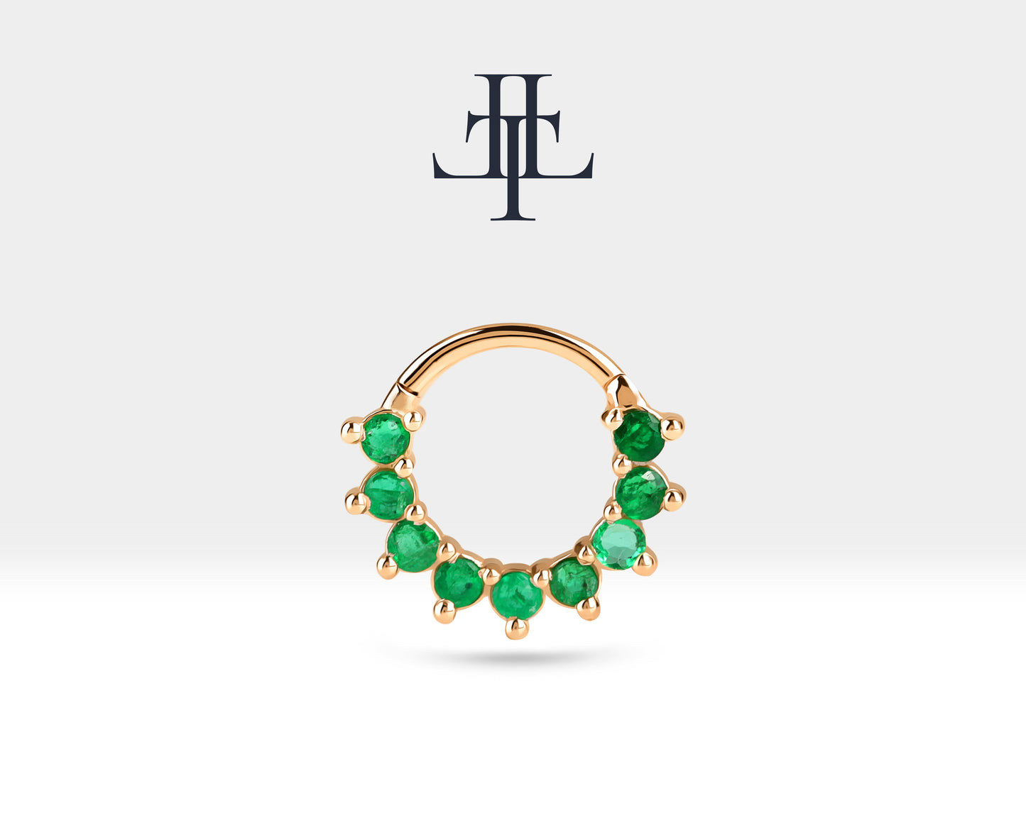 Dokuz Zümrütlü Halka Piercing, 13 MM , 1.2 MM, 14K Sarı-Beyaz-Kırmızı Altın | LC00006E