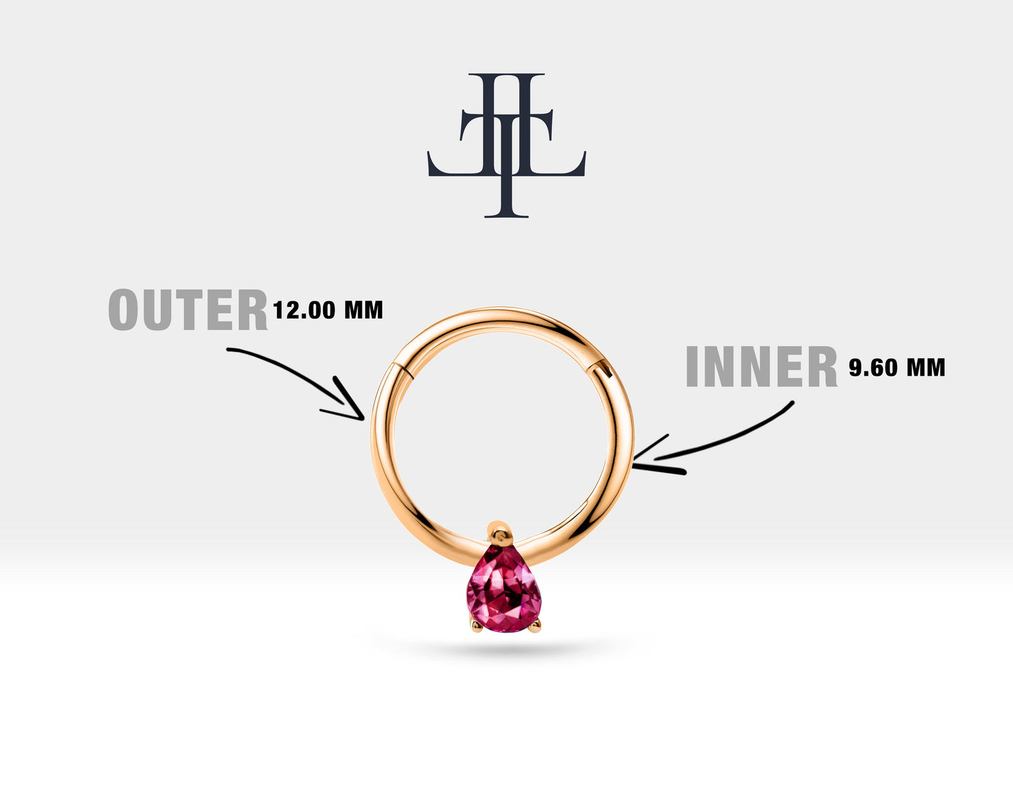 Damla Yakutlu Halka Piercing, 12 MM , 1.2 MM, 14K Sarı-Beyaz-Kırmızı Altın | LC00011R