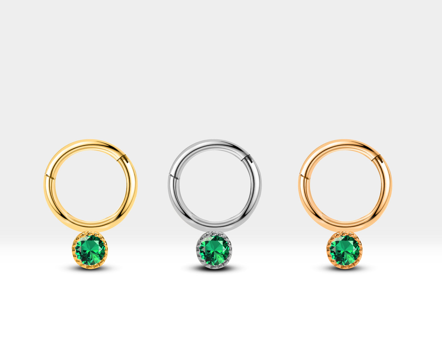 Yuvarlak Yeşil Garnetlı Halka Piercing, 10 MM , 1.2 MM, 14K Sarı-Beyaz-Kırmızı Altın | LC00051G