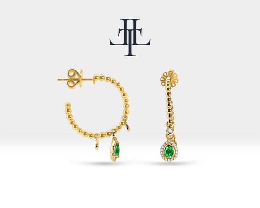Sallantılı Zümrüt Çivi Küpe, 20 MM , 14K Sarı-Beyaz-Kırmızı Altın | LE00028DE