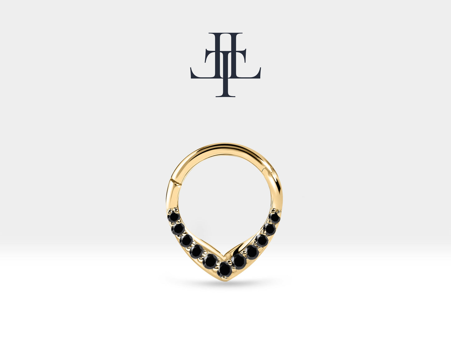 V Siyah Pırlantalı Halka Piercing, 9.70-11.50 MM , 1.2 MM, 14K Sarı-Beyaz-Kırmızı Altın | LC00049B