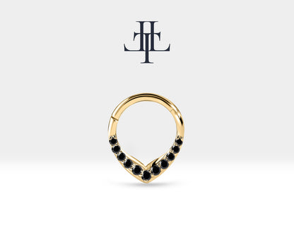 V Siyah Pırlantalı Halka Piercing, 9.70-11.50 MM , 1.2 MM, 14K Sarı-Beyaz-Kırmızı Altın | LC00049B