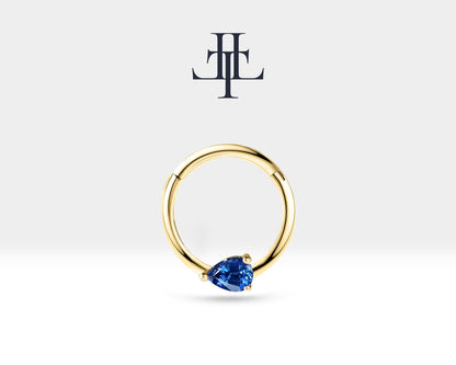 Damla Safirli Halka Piercing, 10-12 MM , 1.2 MM, 14K Sarı-Beyaz-Kırmızı Altın | LC00027S