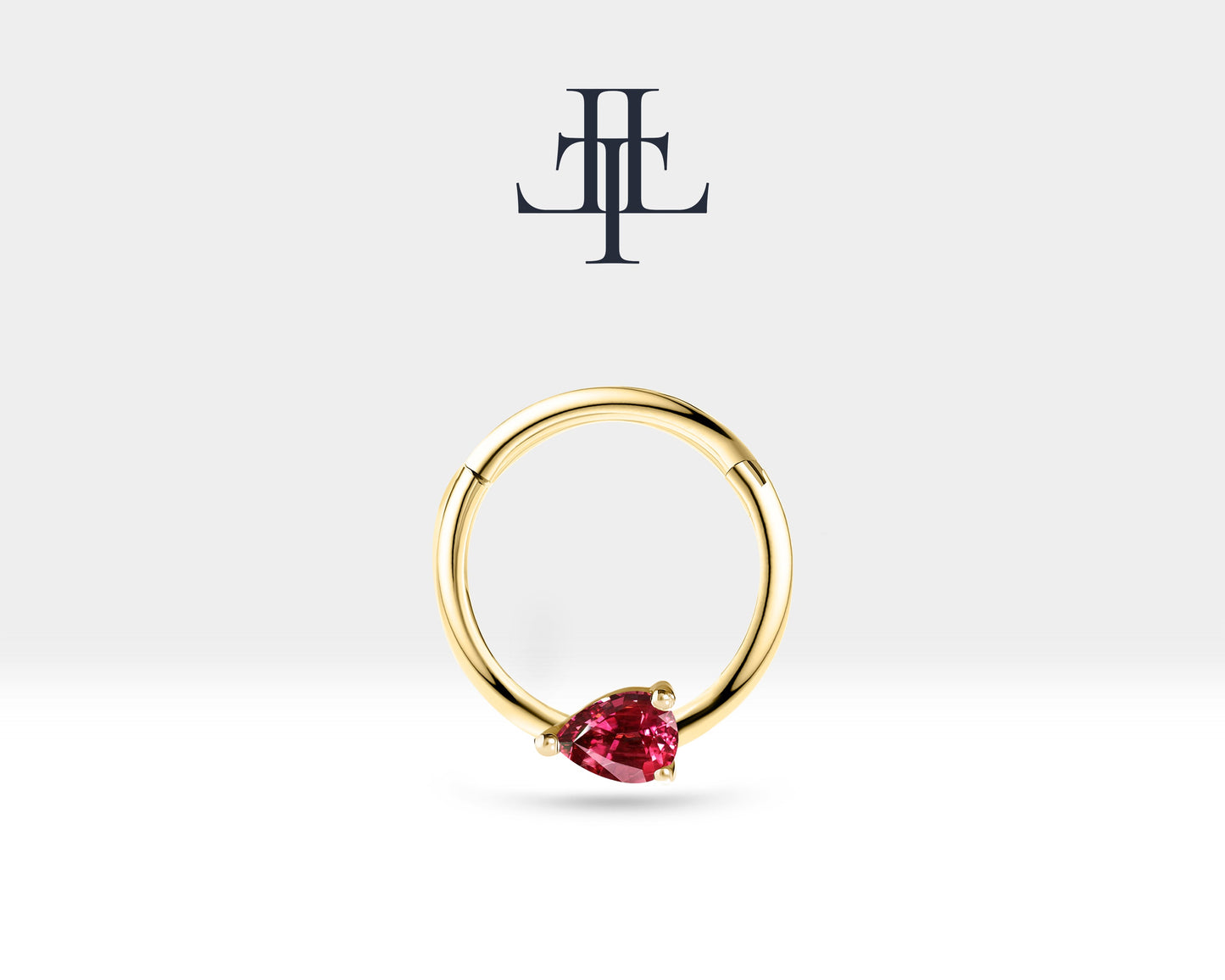 Damla Yakutlu Halka Piercing, 10-12 MM , 1.2 MM, 14K Sarı-Beyaz-Kırmızı Altın | LC00027R